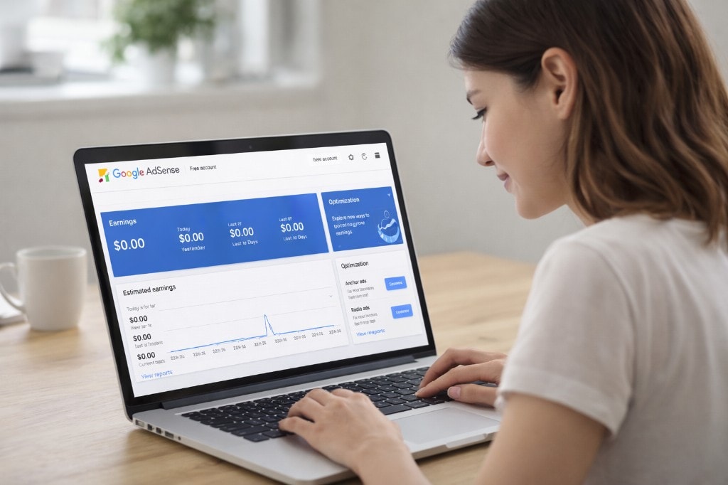 Publisher running a free AdSense readiness preview on a laptop.